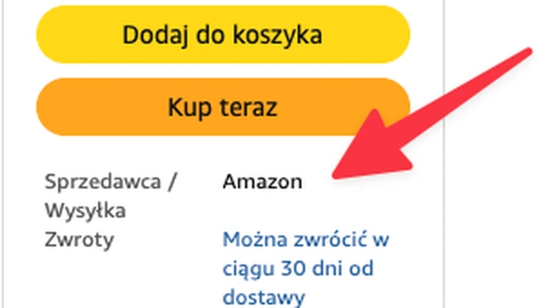 Sekcja „Sprzedawca / Wysyłka” na Amazon z ustawionym sprzedawcą Amazon